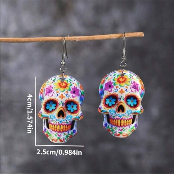 Day of The Dead Skull Earrings, Sugar Skull Earrings, Halloween Earrings - Picture 3 of 3